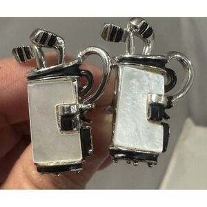 Golf Themed Matching Tie Clip And Cufflinks,‎ Golf bags Inlaid w/Abalone